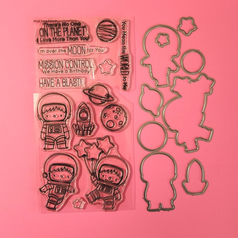 #212 STAMP & DIE SET: ASTRONAUT, ROCKET SHIP, SPACE, MOON, PLANET, STAR